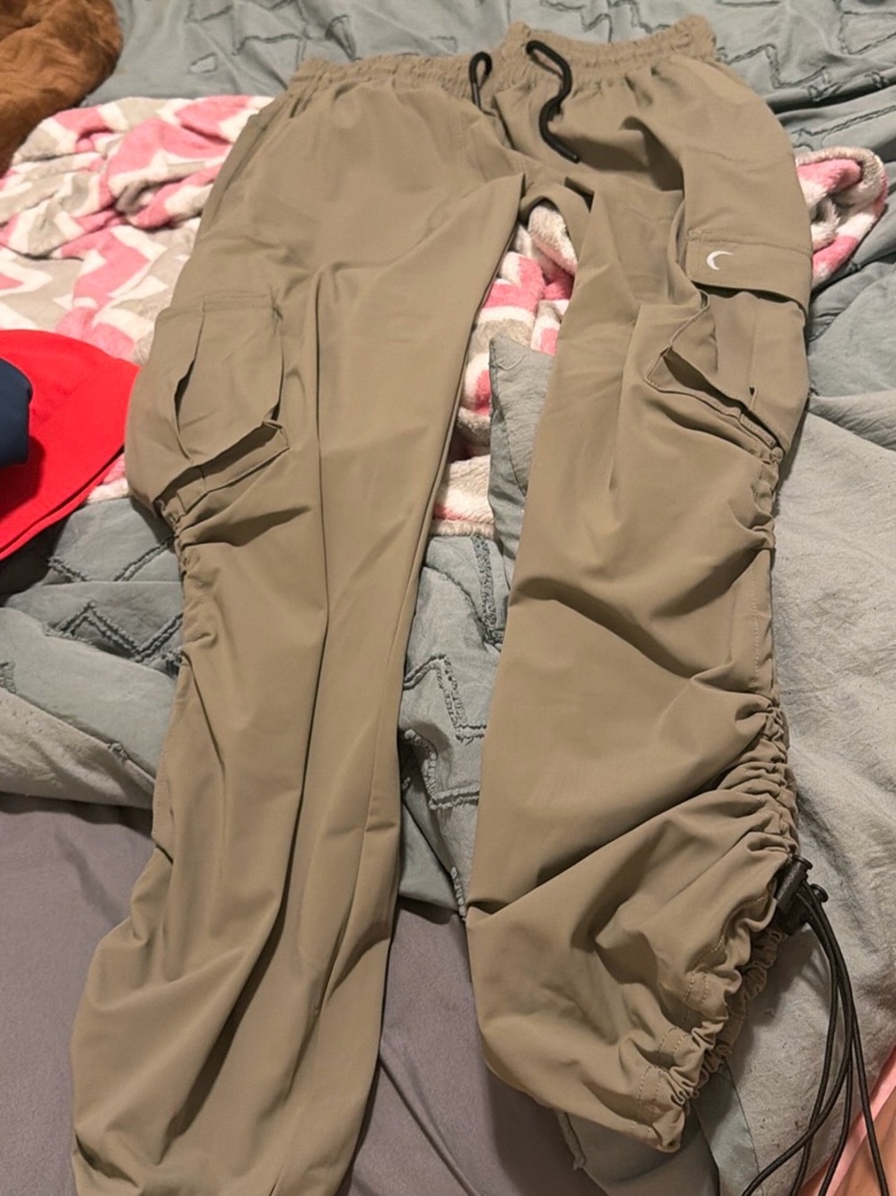 ZYIA Olive-Tan Cargo Joggers with Drawstring Cuffs